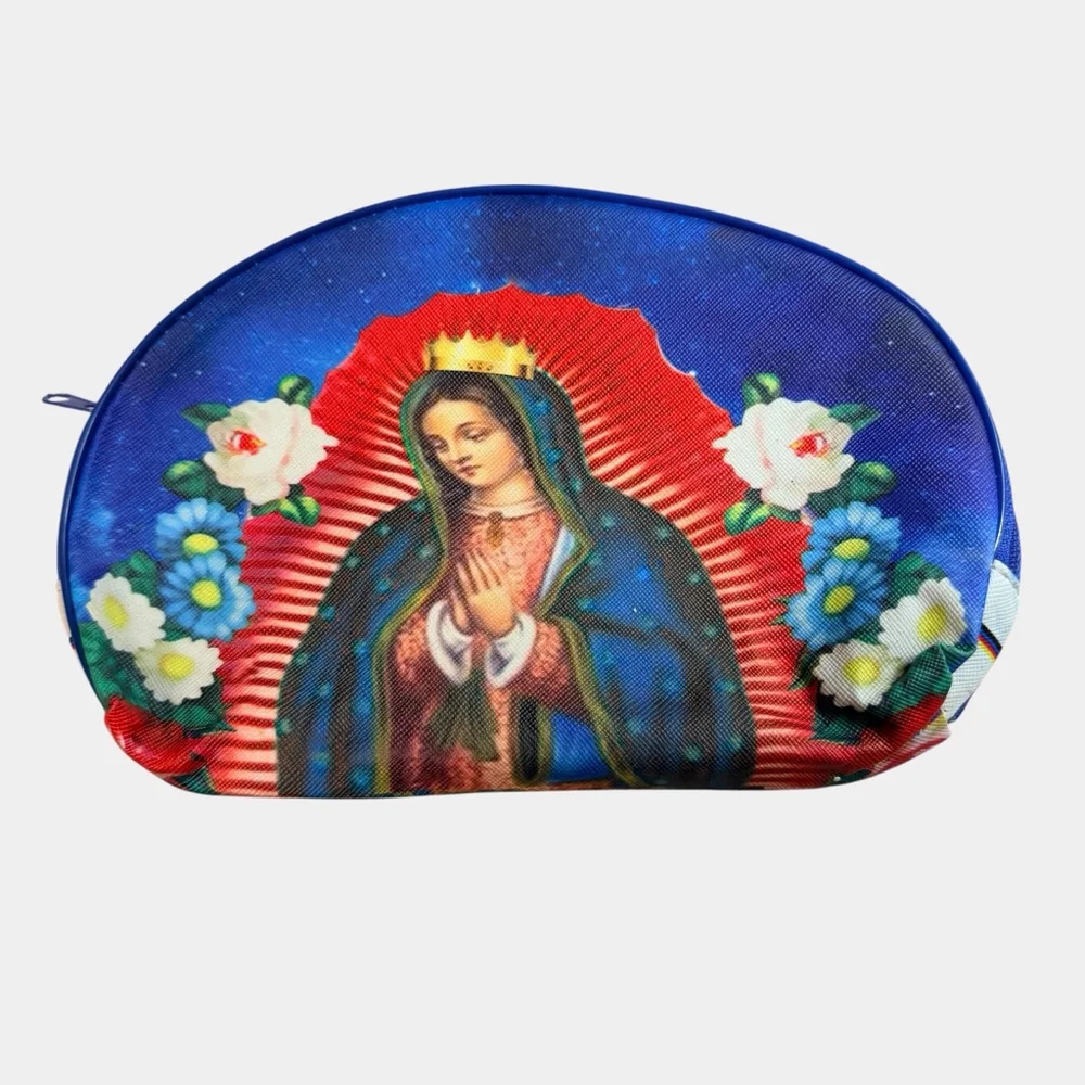 Virgin Mary Guadalupe Cosmetic Bag Makeup Pouch Blue Zipper Travel Case